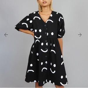 Lazy Oaf Happy Sad Puff Sleeve Dress Black
